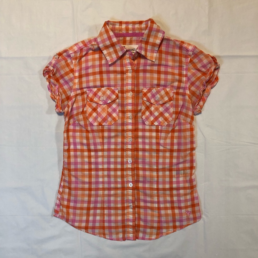 Aeropostale Womens Short Sleeve Cotton Collared Button-Down Pink Orange Plaid XS